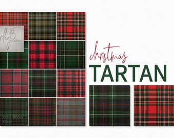 May include: Twelve digital paper patterns featuring red and green plaid designs. The patterns are 3600 x 3600 pixels and 300ppi. The text "Christmas Tartan" is written in red and green.