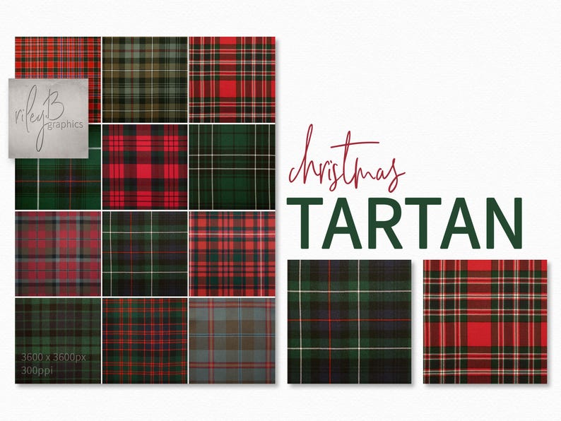 May include: Twelve digital paper patterns featuring red and green plaid designs. The patterns are 3600 x 3600 pixels and 300ppi. The text "Christmas Tartan" is written in red and green.