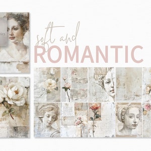Zacht en romantisch – Franse gipsstructuren – Klassieke portretcollage – Vintage rozen en schrift – Neutrale en roze paletcollages