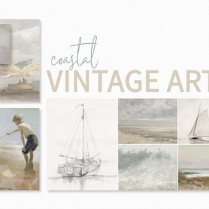 Art vintage côtier - Croquis de paysages de bord de mer - Scènes de voilier et de rivage - Illustrations maritimes en sourdine - Art mural côtier