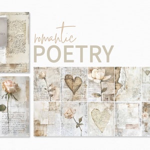 Poesía romántica, collages de escritura vintage, corazones de papel rasgado, flores descoloridas, caligrafía antigua, notas de amor antiguas