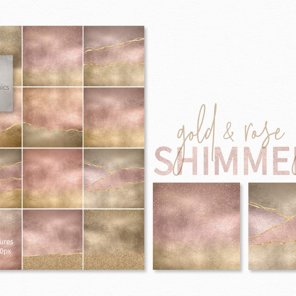 Gold and Rose Gold Shimmer Backgrounds - Gold Glitter - Rose Gold Glitter - Gold Veined Textures - Sublimation Gold and Rose Gold