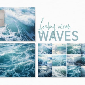 May include: Twelve digital images of foamy ocean waves in various shades of blue. The images are high resolution and perfect for digital design projects.