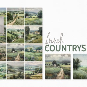 Könnte beinhalten: Eine digitale Collage aus 12 Aquarellbildern, die eine französische Landschaft darstellen. Die Bilder zeigen sanfte Hügel, grüne Felder, kurvenreiche Straßen und malerische Häuser. Der Text "French COUNTRYSIDE" wird über der Collage angezeigt.