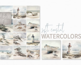 Soft Coastal Watercolors – Weathered Beach Cottages – Lighthouse and Dune Landscapes – Driftwood Tones – Serene Oceanfront Views