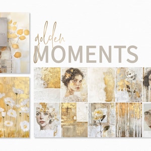 Golden Moments - vintage collagekunst - vrouwelijke portretten met textuur - bladgoudaccenten - romantische bloemenkunstprints - neutrale en goudtinten