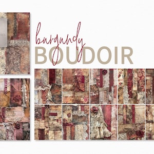 Boudoir Borgonha - Pinturas vintage de retalhos de tecido Borgonha - Colagens de renda e tecido pintadas Borgonha - Colagens de retalhos de tecido antigos
