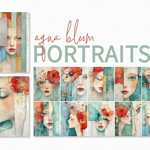 Portraits Aqua Bloom - Visages féminins fantaisistes - Portraits eau et corail avec détails de papillons - Visages féminins surréalistes bleu sarcelle pâle et rouge