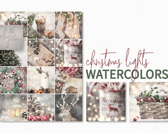 May include: A collage of watercolor illustrations featuring Christmas lights, a reindeer, a lantern, a mug, and a basket with berries. The illustrations are in a vintage style with a warm, inviting color palette.