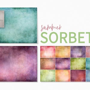 May include: Digital background images with a textured, painterly effect. The images feature a variety of colours, including teal, purple, pink, and yellow. The text "summer SORBET" is displayed in green and pink. The images are 6000 x 4500px at 300ppi.