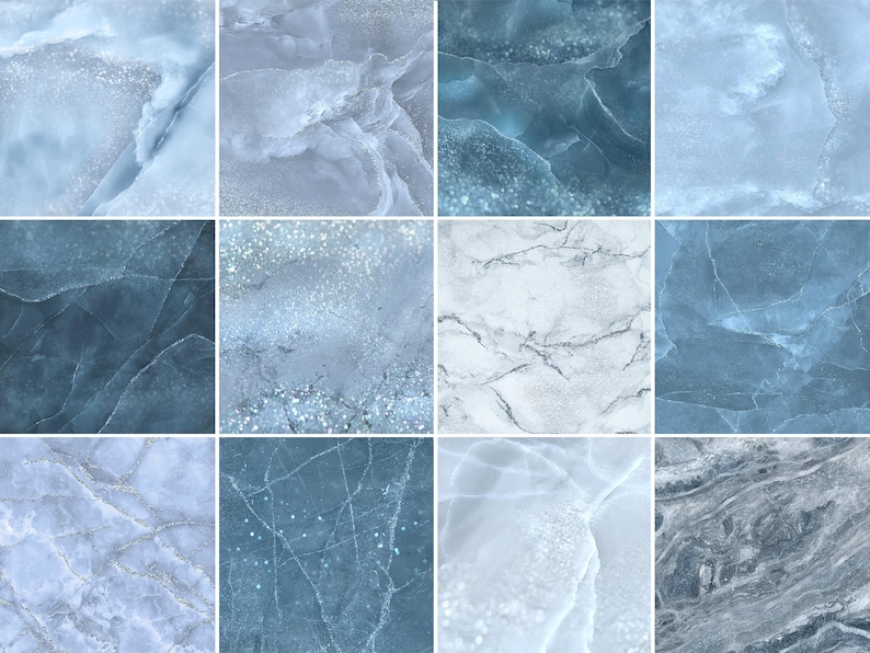 May include: Twelve digital paper textures in shades of blue and white with a marble effect. The textures have a subtle glitter effect.