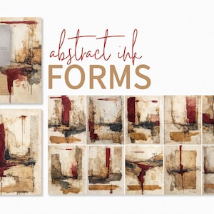 May include: Abstract ink art prints featuring a collection of mixed media artwork. The prints showcase a palette of beige, brown, and red hues, with textured details and the text "abstract ink FORMS". The artwork is displayed in a gallery-style arrangement.
