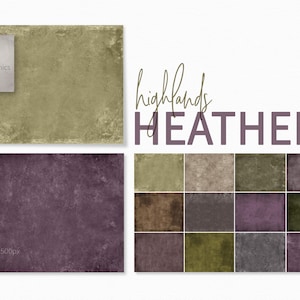 May include: A set of 12 digital paper textures in various shades of green, brown, and purple. The textures are named "Highlands Heather" and are 6000 x 4500 pixels at 300ppi.