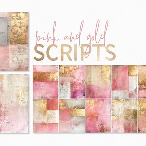 May include: Twelve digital scrapbook paper backgrounds in pink and gold with a distressed, textured look. The papers are 2550 x 3300 pixels and 300ppi.
