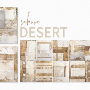 Pode incluir: Um conjunto de 12 imagens digitais de colagem com formas geométricas abstratas em bege, marrom e branco. As imagens são intituladas "Sahara Desert".