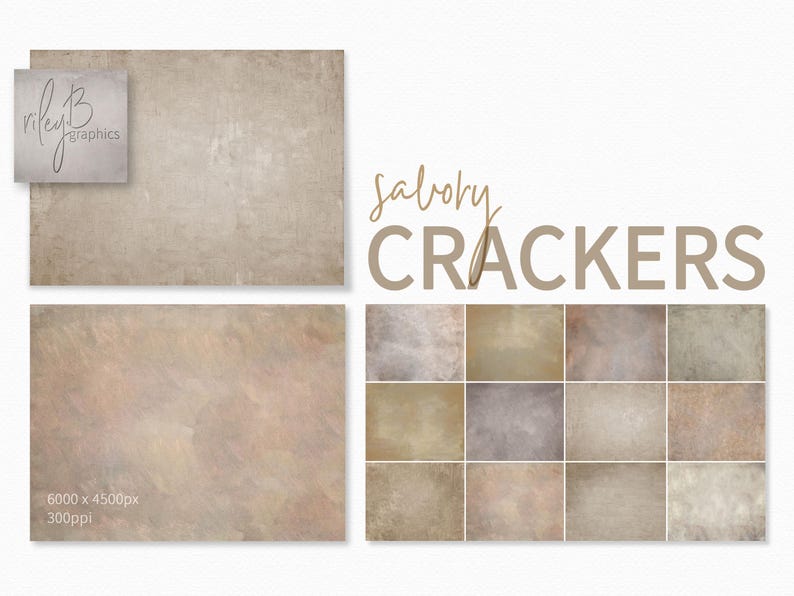 Op de afbeelding: Een set van 16 digitale achtergronden met een textuur, gebarsten en vervaagde look. De achtergronden zijn in tinten beige, bruin en grijs. De tekst "Savory Crackers" wordt boven de achtergronden weergegeven.