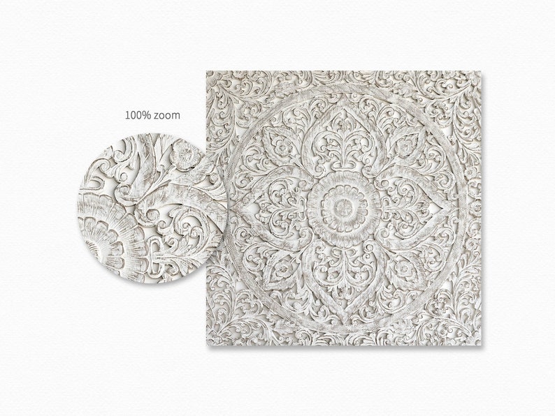 Puede incluir: Decoraci&oacute;n de pared de madera blanca con intrincados patrones florales tallados. El dise&ntilde;o es sim&eacute;trico y presenta un c&iacute;rculo central con un c&iacute;rculo m&aacute;s peque&ntilde;o en su interior.