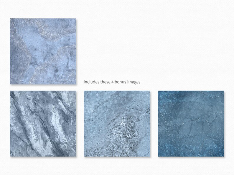 May include: Four different blue and gray marble textures. The textures include a light blue marble with silver glitter, a dark gray marble with white veins, a light blue marble with a speckled pattern, and a dark blue marble with a cracked pattern.