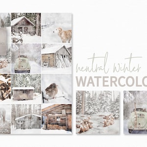 Aquarelles hivernales neutres - Cabanes rustiques Chevaux et scènes de neige - Paysages boisés doux avec une atmosphère saisonnière nordique confortable