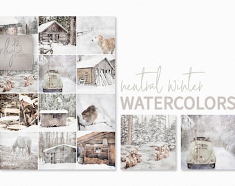 May include: A collage of watercolor illustrations featuring winter scenes. The images include a cabin in the woods, a car driving through a snowy forest, a bird perched on a branch, and a pile of firewood. The text "neutral winter WATERCOLORS" is displayed at the top of the image.