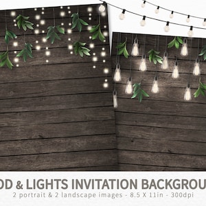 Holz und Licht Hintergründe - Rustikale Hochzeitseinladung Digitaler Hintergrund - String Lichter Einladung - Rustikale Holz und Edison Lichter laden ein