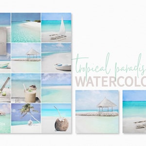 Tropisches Paradies Aquarelle – Weiße Sandstrände – Kristallblaues Meer – Kokosnuss-Drinks und Boote – Küsten-Wand-Dekor – Insel-Szenen