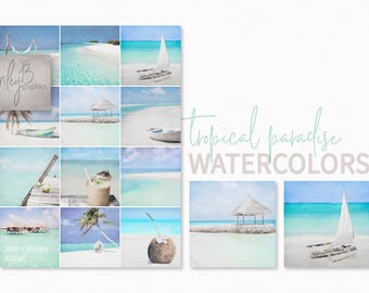 Tropical Paradise Watercolors – White Sand Beaches – Crystal Blue Ocean – Coconut Drinks And Boats – Coastal Wall Decor – Island Scenes