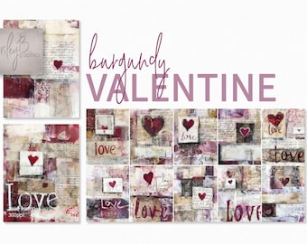 May include: A collage of digital art featuring a burgundy color scheme with the word "love" repeated throughout the image. The art is made up of various textures and patterns, including handwritten text, paper, and paint.