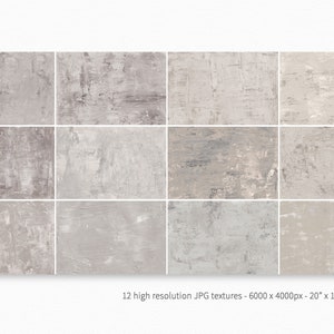 May include: Twelve high-resolution digital textures featuring a variety of subtle gray and beige tones. The textures have a rough, textured look, reminiscent of concrete or plaster. Each texture is 6000 pixels by 4000 pixels, measuring 20 inches by 13.3 inches at 300 pixels per inch.
