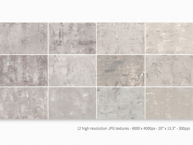 May include: Twelve high-resolution digital textures featuring a variety of subtle gray and beige tones. The textures have a rough, textured look, reminiscent of concrete or plaster. Each texture is 6000 pixels by 4000 pixels, measuring 20 inches by 13.3 inches at 300 pixels per inch.