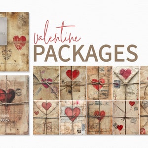 Pinturas de paquetes de San Valentín - Paquetes antiguos - Paquetes digitales con forma de corazón - Paquetes de San Valentín - Texturas de paquetes antiguos de San Valentín