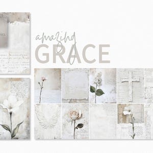 Amazing Grace – Zachte neutrale bloemen en religieuze elementen met vintage textuur – kruisrozen en engelenvleugels in vervaagde schriftstijl