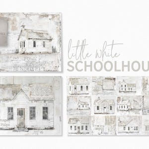 Klein wit schoolgebouw - rustieke schilderijen schoolgebouw - neutrale schoolgebouwkunst - schoolkunst gemengde techniek - witte verweerde schoolgebouwen