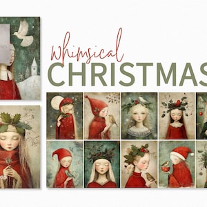 Whimsical Christmas - Whimsical Girls Digital Set – Mädchen, Vögel und Weihnachtsblumen – Süße Illustrationen für Karten und zum Basteln