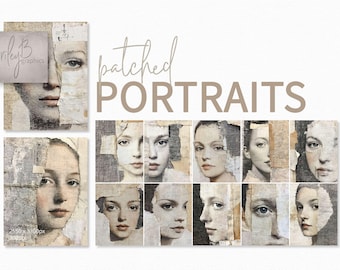 May include: A collection of "Patched Portraits" art prints. The images feature fragmented portraits of women with a vintage aesthetic. The color palette includes neutral tones of beige, gray, and white, with visible textures.