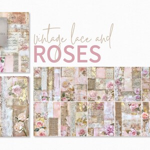 Vintage kant en rozen – Gelaagde blush-collagetexturen – Roze bloemenuitsparingen en vergulde accenten – Papierontwerpen jute en kant