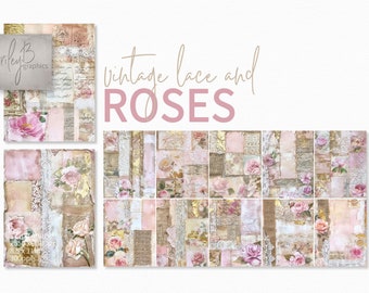 Vintage Lace and Roses Collage Paintings - Junk Journal Collages - Vintage Collage Paintings - Mixed Media Collages - Printable Collage