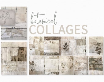 Botanical Collages - Neutral Textured Art - Vintage Botanical Prints - Layered Paper Designs - Subtle Leaf Motifs - Nature-Inspired Decor