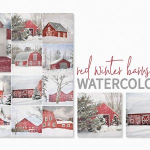 Red Winter Barns Watercolors – Snowy Farmhouse Art Prints – Rustic Barn Illustration Set – Country Winter Decor – Vintage Red Barn Wall Art