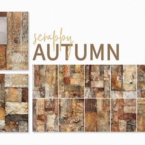 Scrappy Autumn – Rustic Vintage Fabric Collage – Earthy Brown Patchwork Textures – Distressed Textile Backgrounds – Fall Grunge Textures