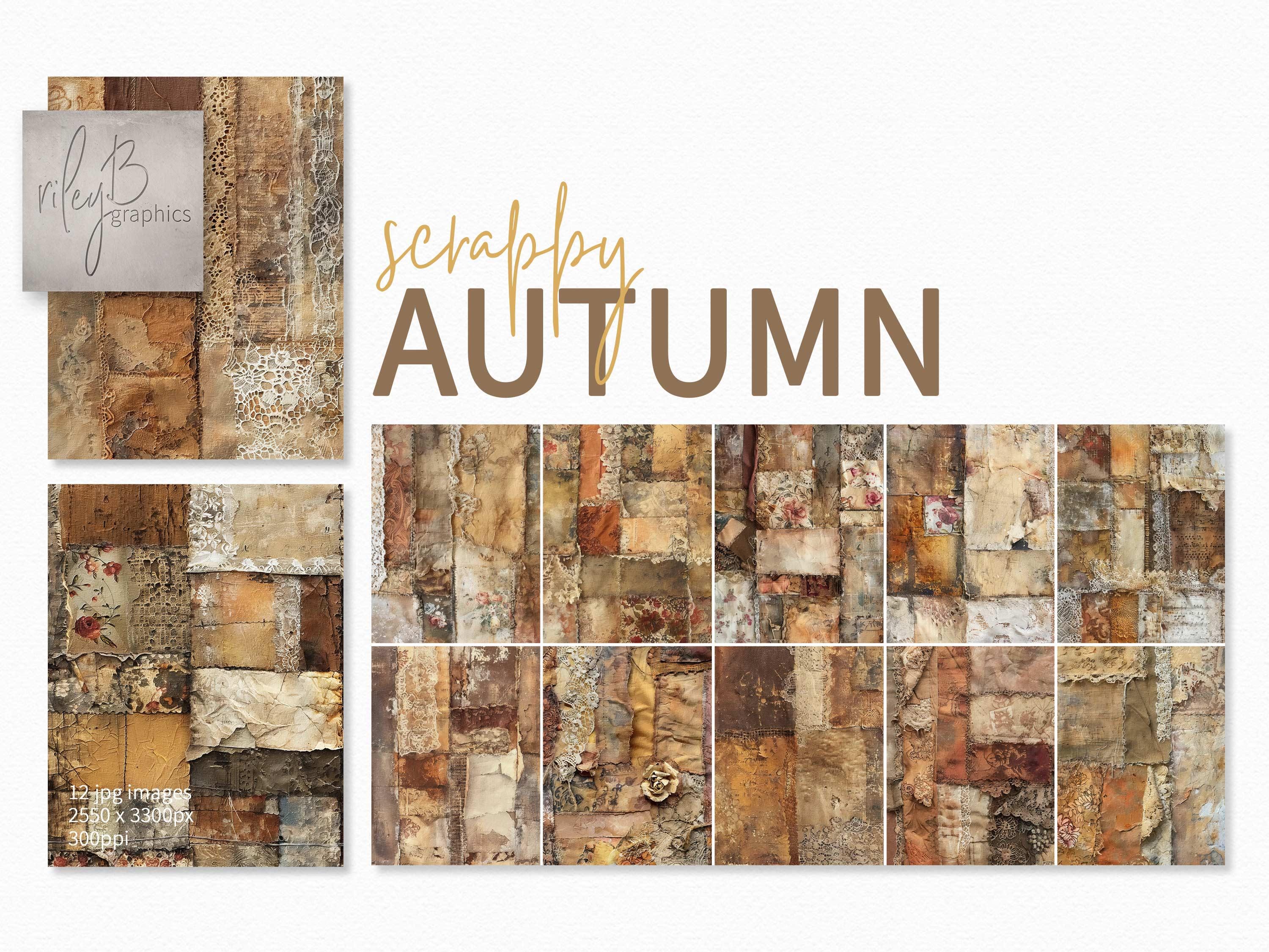 Scrappy Autumn – Rustic Vintage Fabric Collage – Earthy Brown Patchwork ...