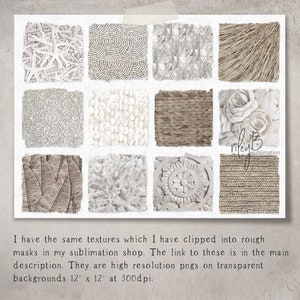 Puede incluir: Un collage de 12 texturas diferentes en blanco, beige y marr&oacute;n. Las texturas incluyen tejido tejido, conchas y madera. La imagen mide 30,5 cm por 30,5 cm a 300 dpi.