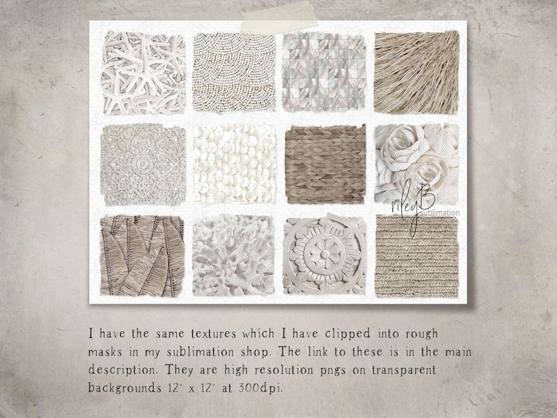 Puede incluir: Un collage de 12 texturas diferentes en blanco, beige y marr&oacute;n. Las texturas incluyen tejido tejido, conchas y madera. La imagen mide 30,5 cm por 30,5 cm a 300 dpi.