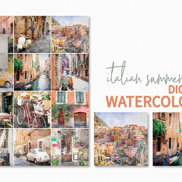 Italian Summer Watercolors - Digital Watercolors of Italy - Italian Summertime Scenes - Italian Backgrounds - Sublimation Italy