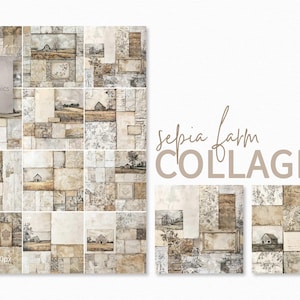 Sepia boerderijcollages – rustieke schuurlandschapspanelen – neutrale gelaagde texturen – vintage veldtaferelen – versleten papier en vervaagde bloemen