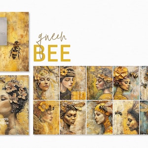 Könnte beinhalten: Eine digitale Collage aus 12 Bildern, die Frauen mit bienenbezogenen Kopfbedeckungen und filigranen Details zeigen. Die Bilder sind vor einem gelben und goldenen Hintergrund mit einer strukturierten, malerischen Gestaltung angeordnet. Der Text "queen BEE" wird über der Collage angezeigt.