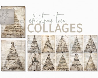 Christmas Tree Collage Paintings - Junk Journal Christmas Trees - White Textured Christmas Trees - Mixed Media Collage Christmas Trees