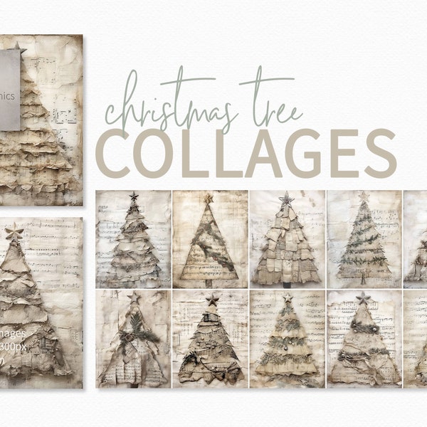 Christmas Tree Collage Paintings - Junk Journal Christmas Trees - White Textured Christmas Trees - Mixed Media Collage Christmas Trees