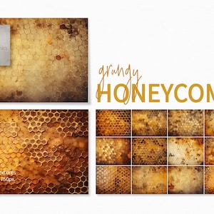 Puede incluir: 12 texturas digitales de un patrón de panal en varios tonos de marrón y dorado. Las texturas son de estilo grunge y tienen un aspecto desgastado. El texto "grubby HONEYCOMB" está en la parte superior de la imagen.