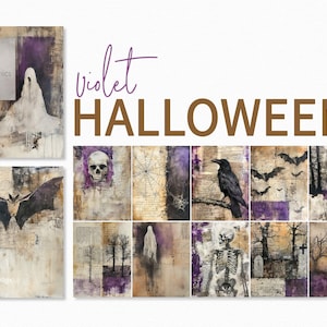バイオレット ハロウィン - バイオレット カラーのハロウィン デジタル ペインティング - パープル ハロウィン ミックス メディア ペインティング - バイオレット スケルトン コウモリ 頭蓋骨 幽霊